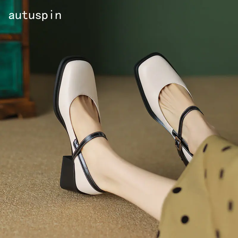 

Autuspin Summer Square Toe Mary Janes Women Fashion PU Leather Casual High Heels Office Ladies Party Wedding Pumps Woman Size 43