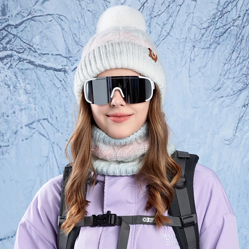 Winter Women Gradient Color Knitted Hat Scarf Set Thickened Fleece Lining Skullcap Outdoor Cycling Wind Protection Beanies Cap 4
