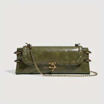 Fashionable Single Shoulder Buckle Antique Copper Crossbody Shoulder Bags Hand-held Armpit Bag Chain Strap Women's Baguette Bag 1