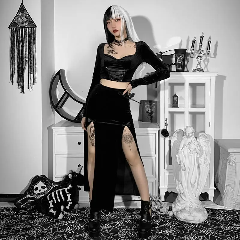 black maxi skirt Dark series skirt 2022 new design feeling minority bow Suede double-slit half-length skirt denim skirt