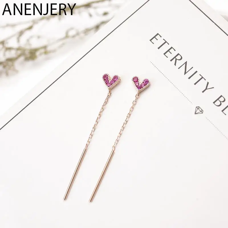 Silver Color Exquisite Pink Heart Dazzling Zircon Long Tassel Earrings With Bar Pendan Jewelry For Girls Wholesale S-E481 | Украшения и
