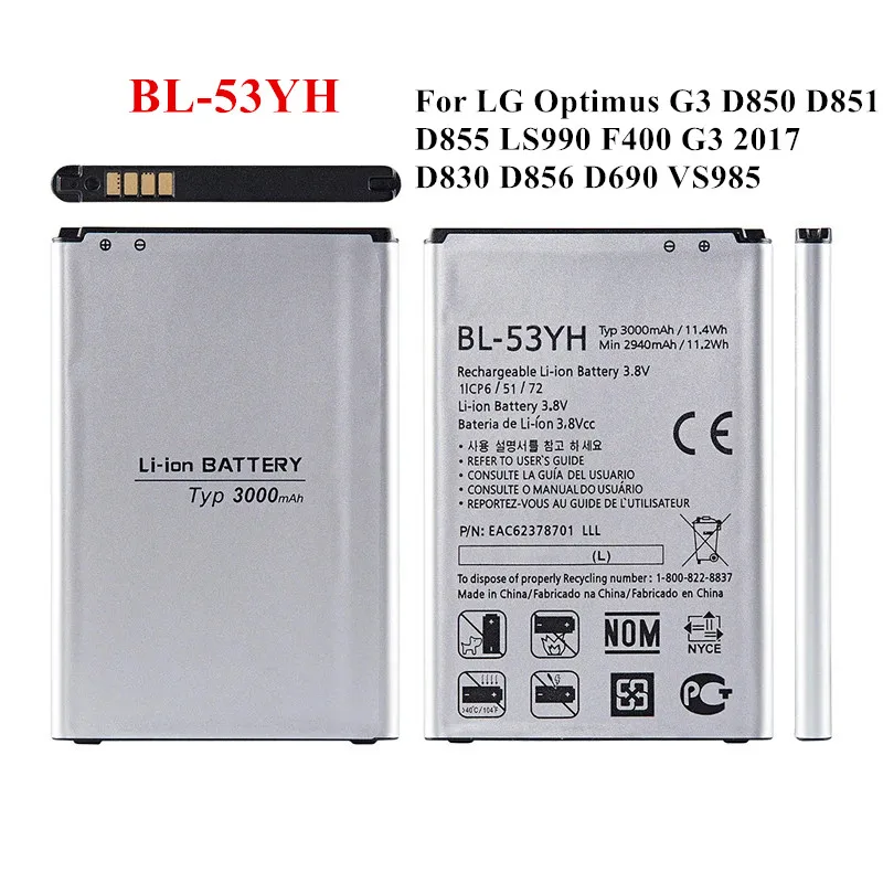 Batteria Originale Bl-53Yh 3000Mah Per Lg Optimus G3 D850 D851 D855 Ls990 D830 D856 D690 Vs985 F400 G3 2017 Batterie Di Ricambio