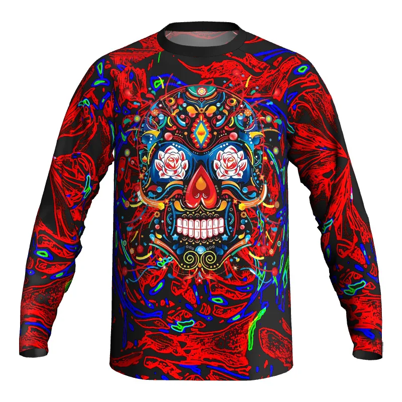 

Long Sleeve Cycling Top, MTB Jersey, Red Skull Ride Shirt, Motocross Mountain Bike Clothes, Bicycle Wear, Downhill Race, Monster