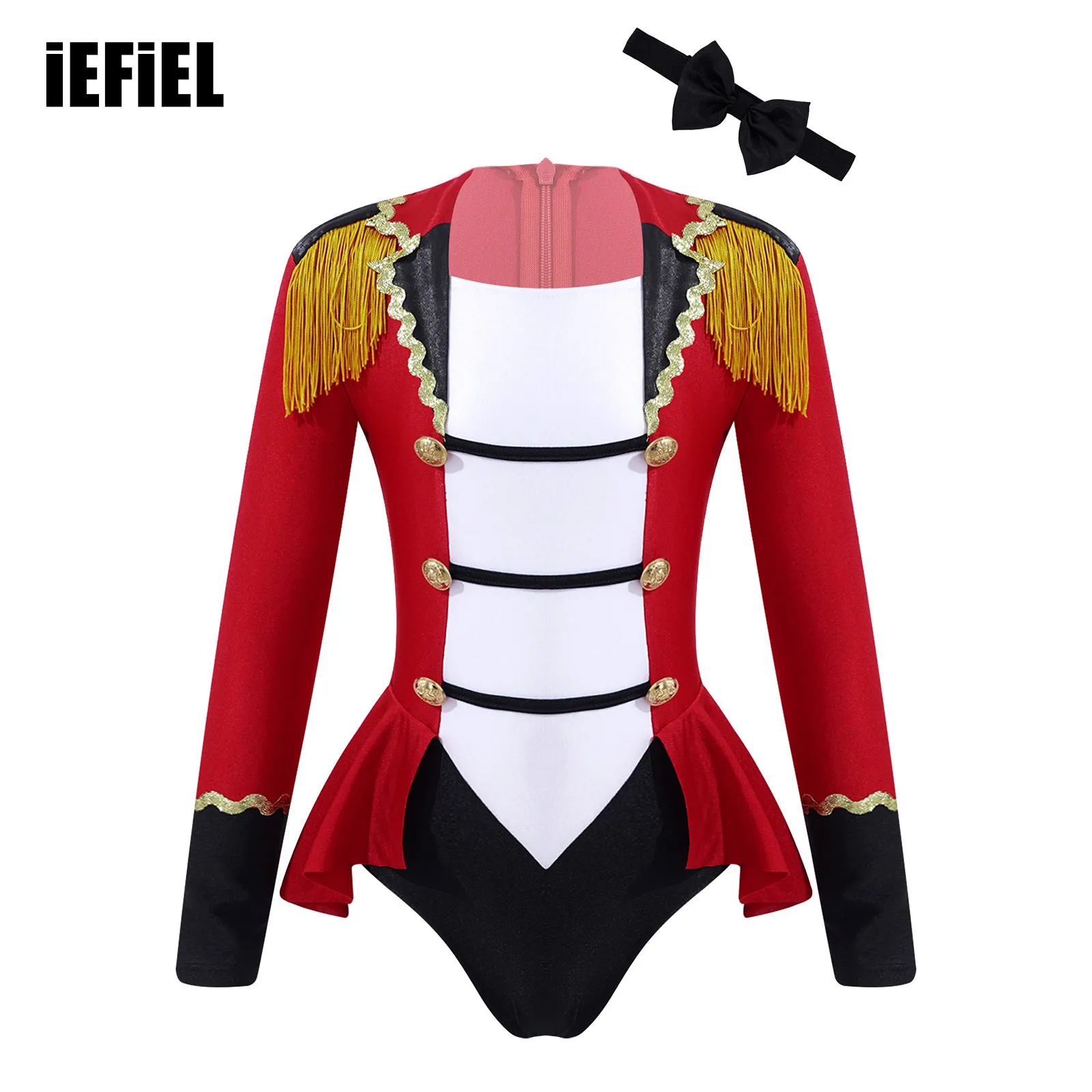 

Kids Girls Medieval Circus Patchwork Jumpsuit Tassel Buttons Adorned Cosplay Costume Long Sleeves Color Contrast with Tie