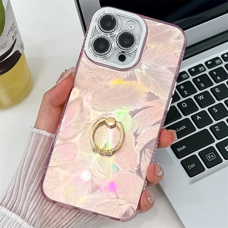 Coque de téléphone Camlet Feather Ring Holder Laser pour iPhone 16 Plus 15 14 13 Pro Max Hard PC Glitter Camera Protection Back Cover_voghion.com