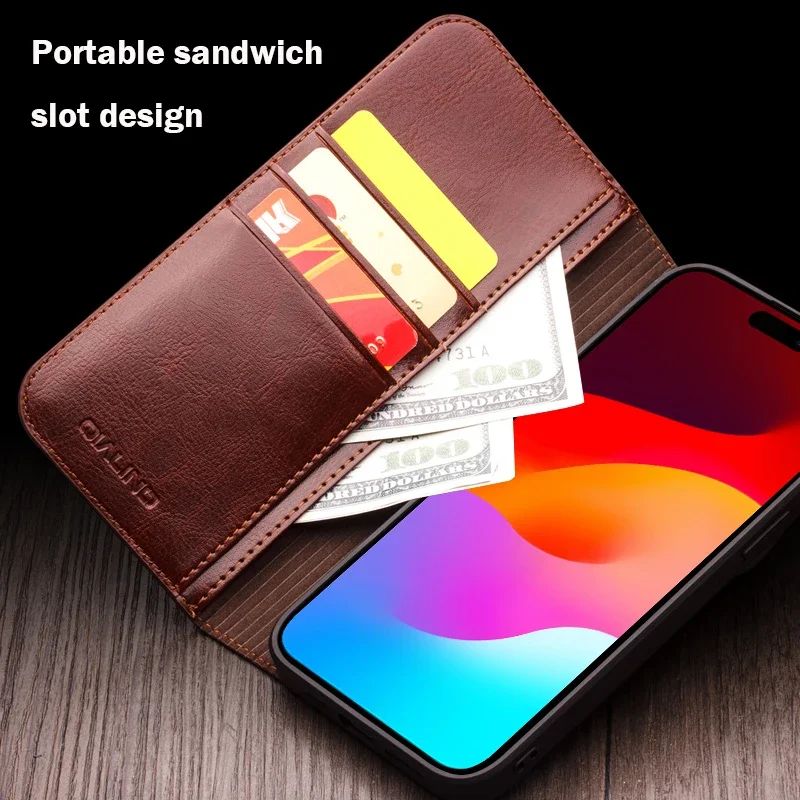 QIALINO Luxury Thin Case for iPhone15 14 13 12 11 Pro Max Mini Genuine Leather Fashion Cover for XR XS Max 7 8 14 Plus Card Slot 4