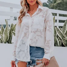 

BlouseSolid Color Chiffon Jacquard Breasted Long Sleeve Shirt Perspective Sexy Loose Casual Style Women's Top Spring And Autumn