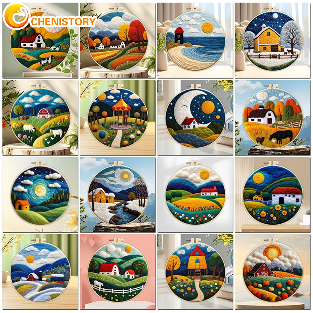 CHENISTORY 20x20cm Frame Felting Needles Kit House Landscape Diy Felt Set Felting Needles Wool Supplies For Mom Gift