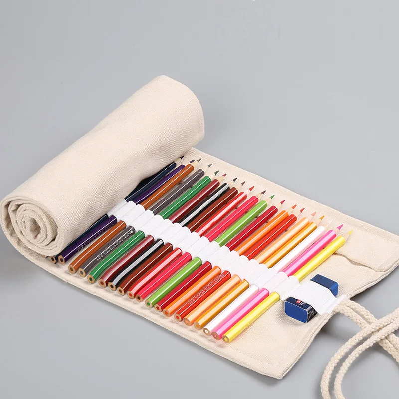 Natural Canvas Pencil Case Roll Up Pen Holder Case for Colored Pencils Multi-purpose Pouch Art Organizer for Artist Pencil Wrap