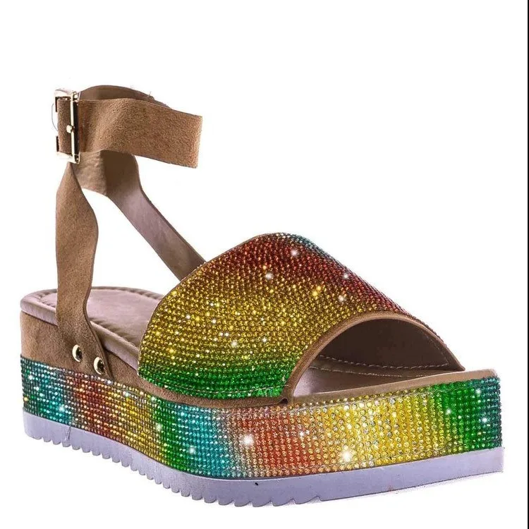 Women\'s Sandals Fashion Rhinestone Wedge Sandals Ladies Summer New High Heels Platform Shoes Outdoor Open Toe Casual Sandals