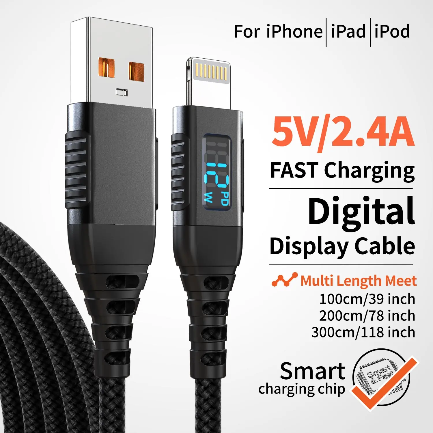 Premium USB-A to Lightning Fast Charging Cable with Digital Display - MFi Certified Nylon Braided, 2m/6.6ft