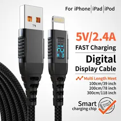 Premium USB - A to Lightning Fast Charging Cable with Digital Display - MFi Certified Nylon Braided, 2m/6.6ft - 3m (Black)