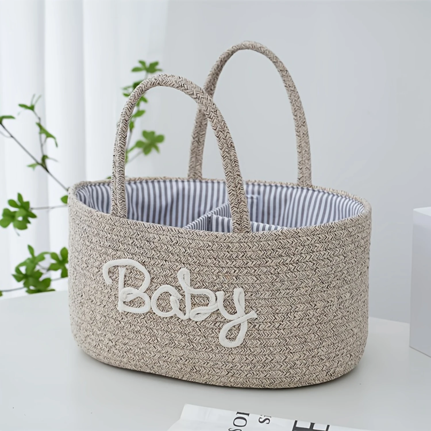 Casual Style 3-Compartment Cotton Woven Basket Organizer for Bottles, Diapers, Bathroom Supplies-Perfect for Poolside Accessor