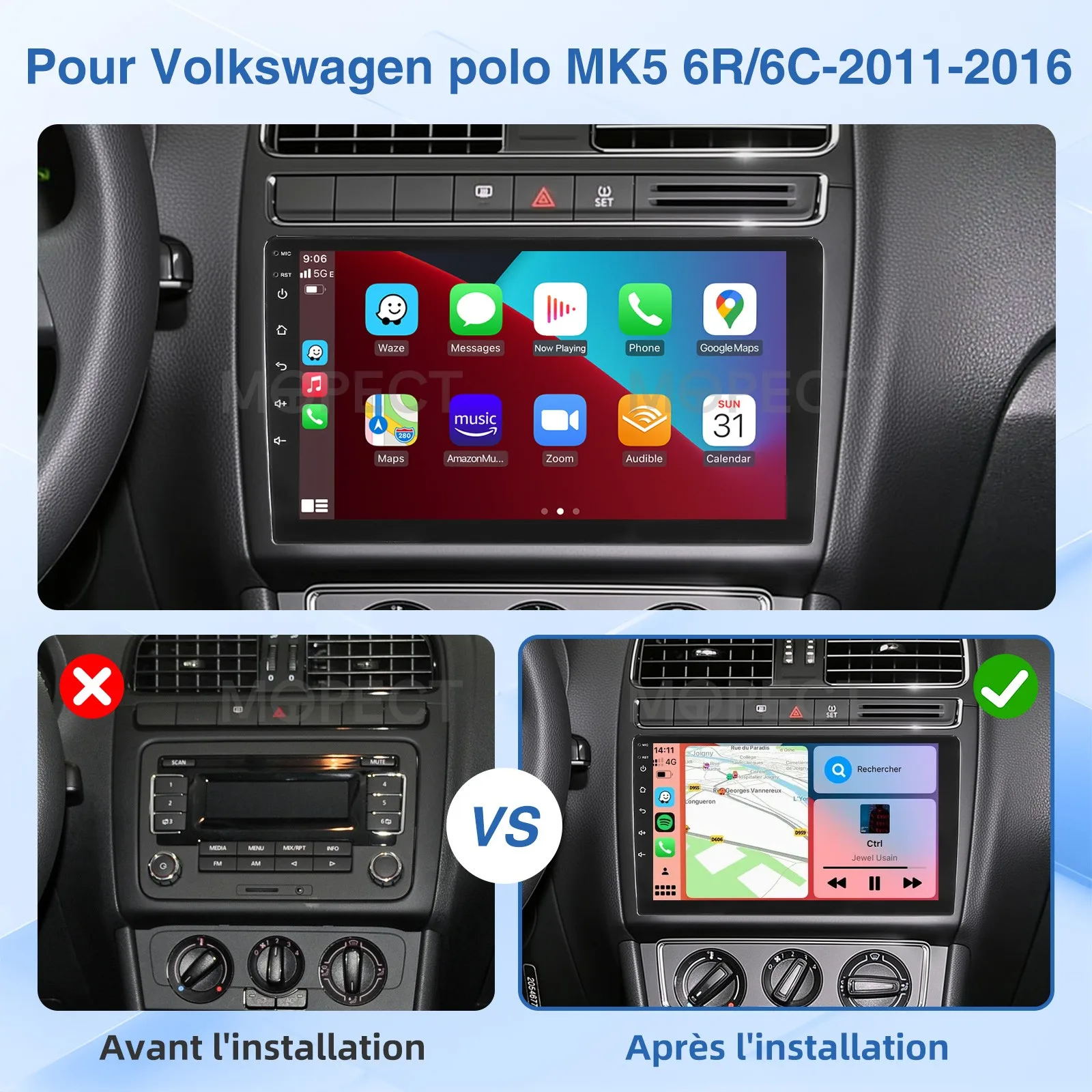 Radio estéreo para coche de 9 pulgadas con pantalla táctil IPS de 4+64G para VW Polo 6R 6C V 2009-2017 AM/FM Android 15 CarPlay, unidad principal con GPS, navegador, Bluetooth y FM 2