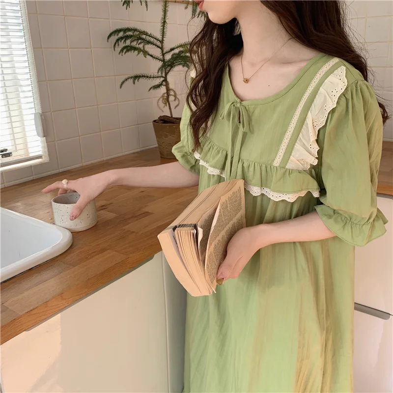 Green Summer Nightgown Women Lace Ruffles V-Neck Short Sleeve Long Sleepwear Loose Casual Cotton Night Dress Kawaii Striped