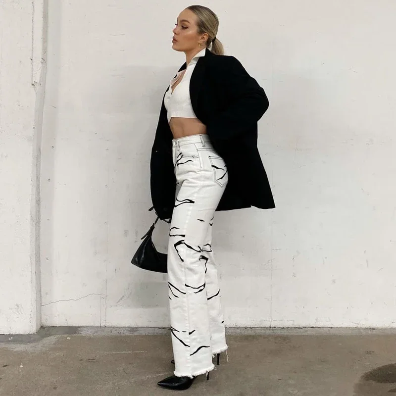 2023 Irregular Stripe Printed Pocket Botton Zipper Printed Temperament Thin Overalls Summer Women's Fashion Streetwear Pants