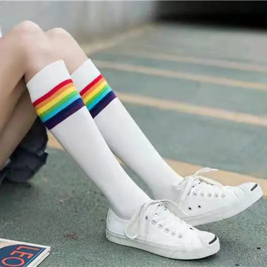 Fashion Women's Knee High Socks Streetwear Harajuku Cotton JK Two Stripe Mesh Japanese Lady Gift White Black Grey Long Sock hue socks Women's Socks