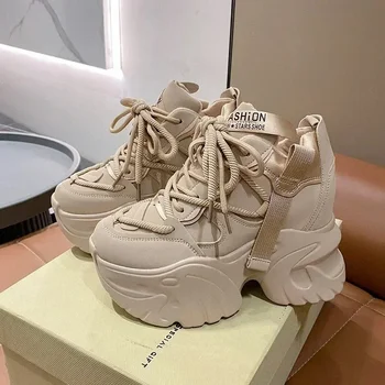Women Walking Sneakers Autumn Lace-up High Platform Chunky Shoes Breathable Leather Shoes 10CM Winter Wedge Heels Casual Shoes 1