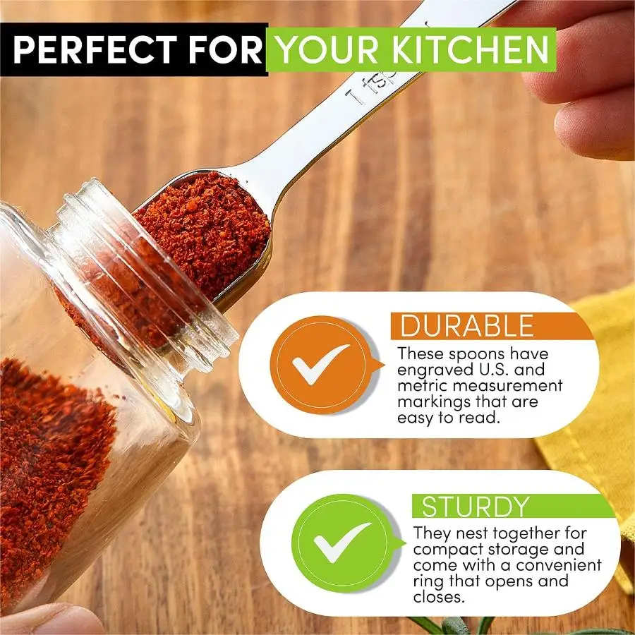 Kitchen Measuring Spoons Measuring Spoon Set Measuring Cup And Spoon Set Heavy Duty Measuring Spoons Set Stainless Steel, Metal Measuring Cups and Spoons Set for Dry or Liquid, Fits in Spice Jar