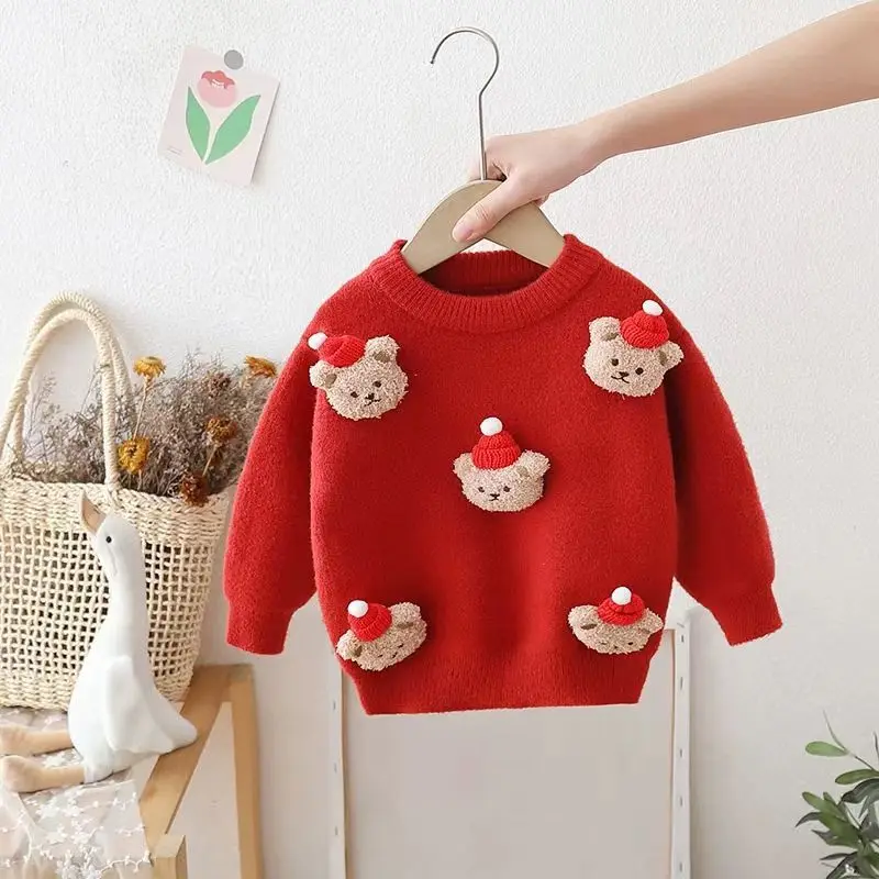 Herbst Baby Kleidung Mädchen Pullover Verdickt Winter Neue Stil Weihnachten Kinder Rot Gestrickte Neue Jahr Bär Top Weihnachten Kostüme – Detail 3