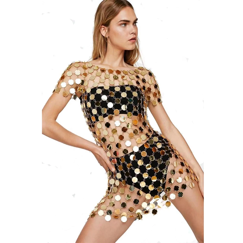 

Women Clothing Chainmail Dresses Acrylic Metallic Disc Chainmail Tunic Mini Dress New Arrival 2022