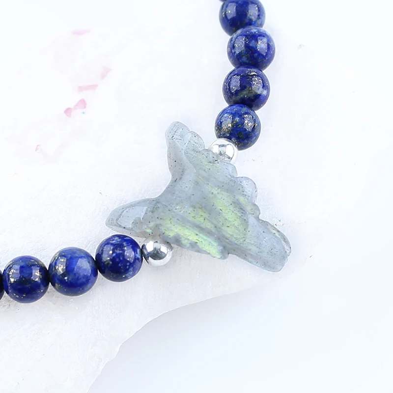 Fashion Jewelry Natural Stone Labradorite Carved Wolf Lapis Lazuli Bracelet Beads,6mm 19cm 22x16x8mm