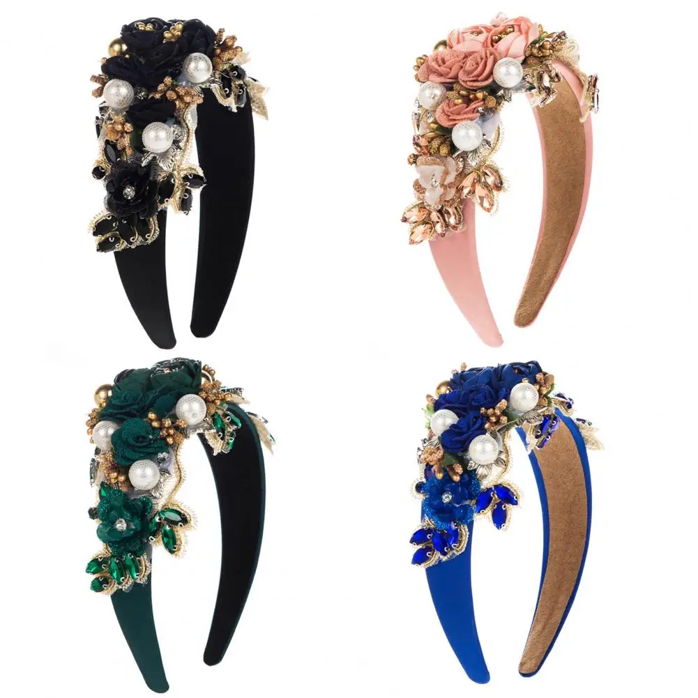 Vintage Women's Hair Hoop Wide Luxury with Fake Flower Faux Pearl Shiny Rhinestone Decor Anti-slip women hair hoop