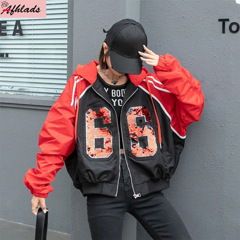 

Spring And Summer New Casual Zipper Coats Loose Long Sleeve Fashion Women's Hooded Collar Patchwork Color Sequin Digit Jackets