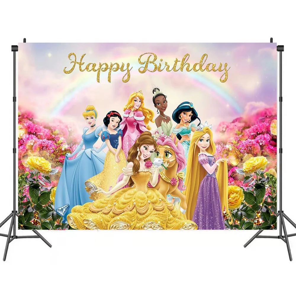 Disney Princess Photo Backdrop for Girls Happy Birthday Party Decoration Vinyl Cloth Baby Shower Background Banner