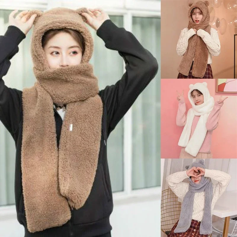 

Зимние женские шапки, теплая шапка с милыми медвежьими ушками, повседневный комплект из плюшевой шапки и шарфа, повседневные однотонные женские шапки, зимняя шапка