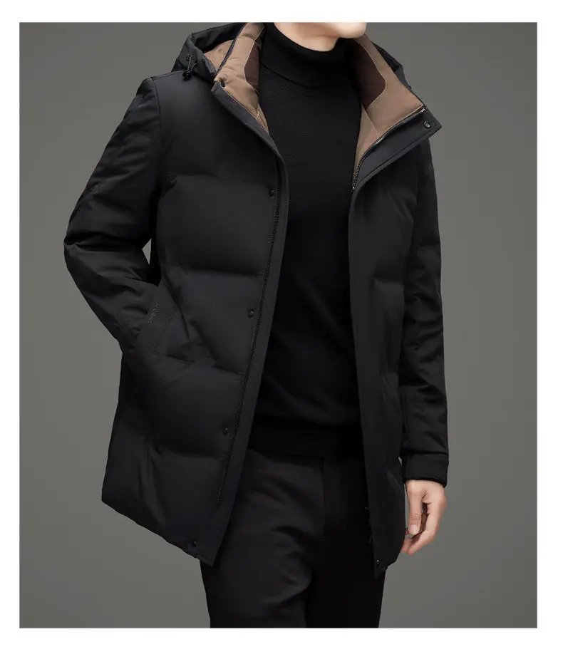 Business Casual Kapuzen-Enten-Daunenjacke 2025, Winter, warme Mütze, abnehmbarer mittellanger Puffermantel, Oberbekleidung, winddicht, gepolsterte Kleidung – Detail 14