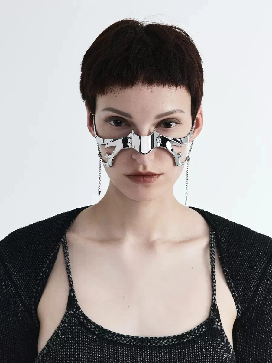 CyberPunk Mask Liquid Irregular Silver Color Hollow Titanium Steel Facial Accessories Earring for Women Men Party