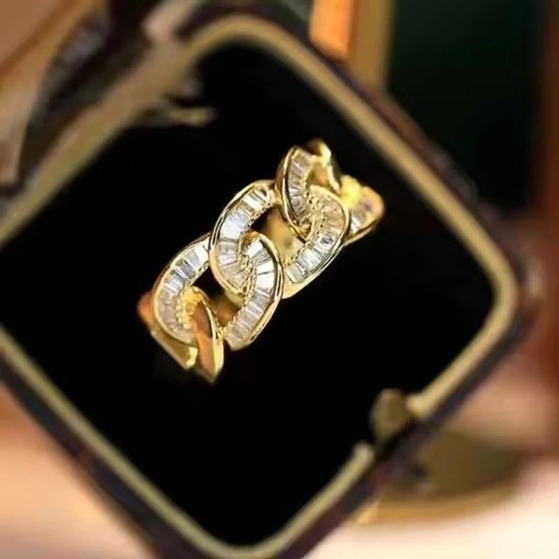 Huitan Kette Design Frauen Ring Gold Farbe Intarsien Glänzende Zirkonia Luxus Party Hochzeit Zubehör Mode Edlen Schmuck – Detail 5