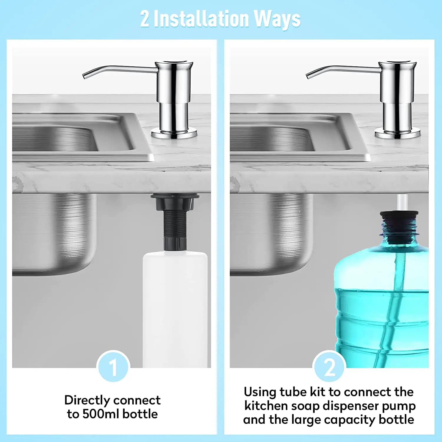 Stainless Steel Kitchen Sink Soap Dispenser Built-In 17oz Bottle 39" Tube Large Capacity Countertop Installation soap dispenser