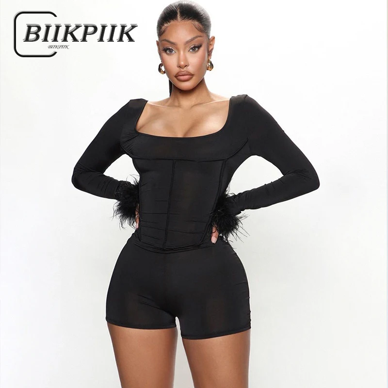 

BIIKPIIK Furry Backless Playsuit Fashion Full Sleeve Skinny For Women Playsuits Aesthetic Bodycon Rompers One-pieces Overalls