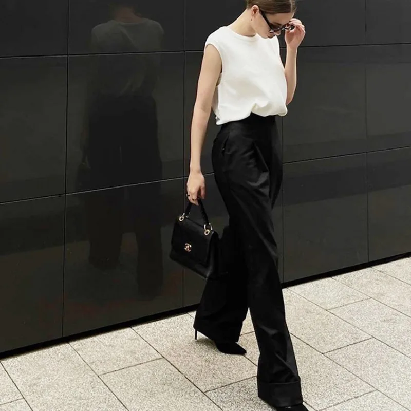 Deeptown Elegant Vintage Formal Suit Pants Woman Old Money Autumn Wide Leg Black High Waist Korean Fashion Slacks Office Ladies
