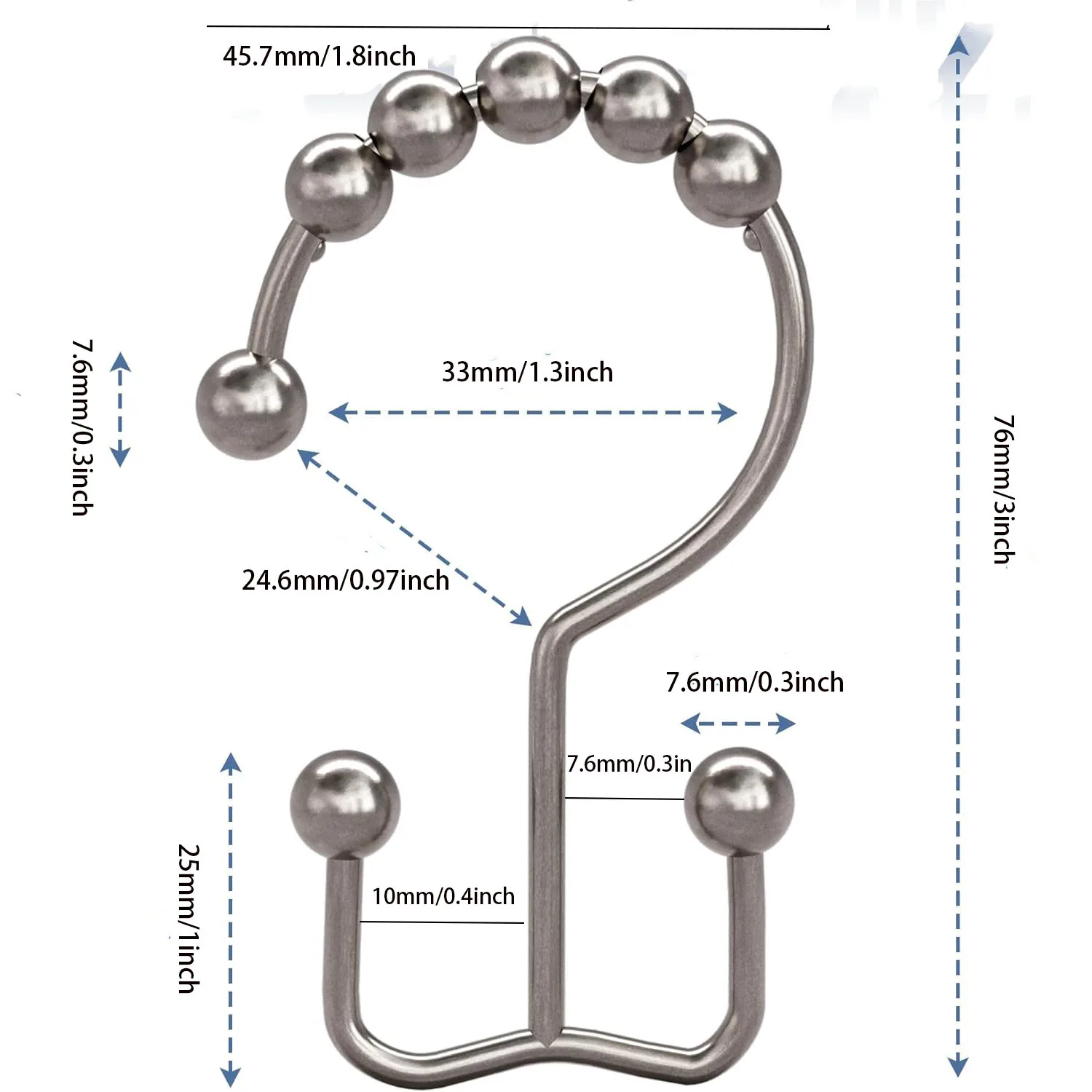 6 stainless steel shower curtain hooks for easy rolling and safe hanging-suitable for bathroom shower curtain rods