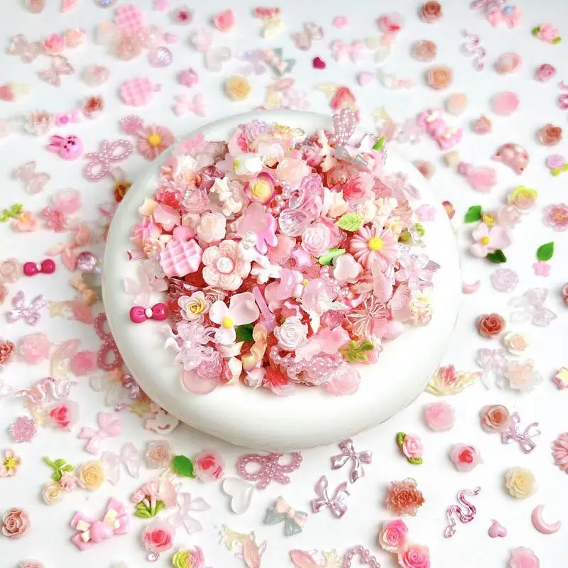 Random Mixed Sweet Pink Bow Nail Charms 3D Resin Pink  Rose Flower Nail Art Decorations Accessories for DIY Cream Glue Crafts 3