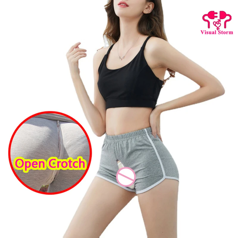 Summer Woman Open Crotch Shorts Sexy Yoga Sport Gym Leggings Korean Breathable Hidden Zippers Mini Hot Pants Crotchless Clubwear