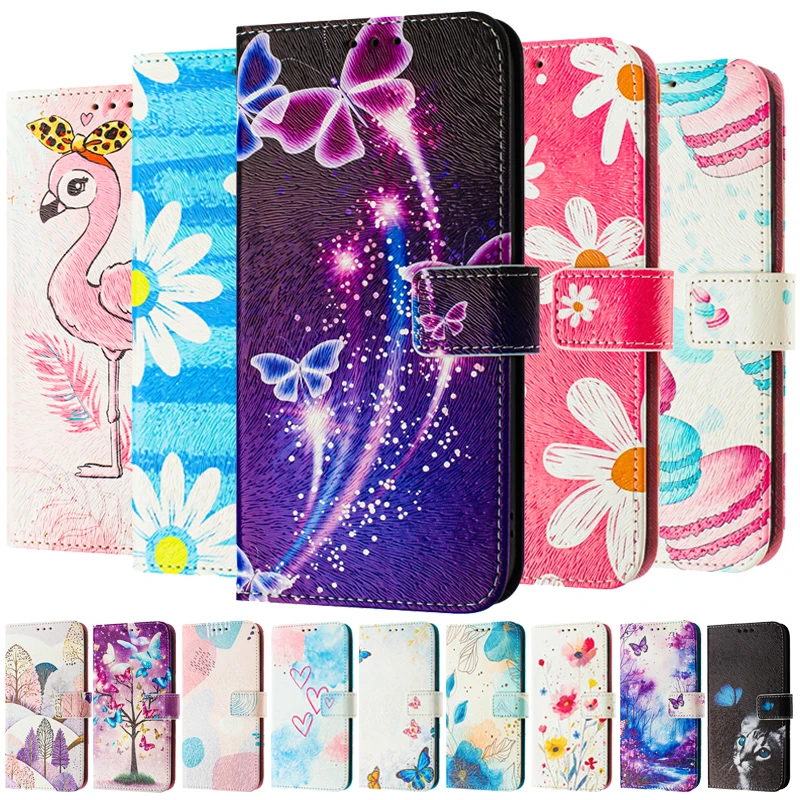 Leather Phone Case - Flip Cover Wallet with Magnetic Closure and Floral Design