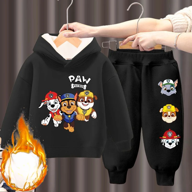 PAW Patrol Autumn Winter Plus Cashmere Warm Children's Clothing Sets Boys Hooed Sweatshirt and Sweatpant 2pcs Set Kids Tracksuit