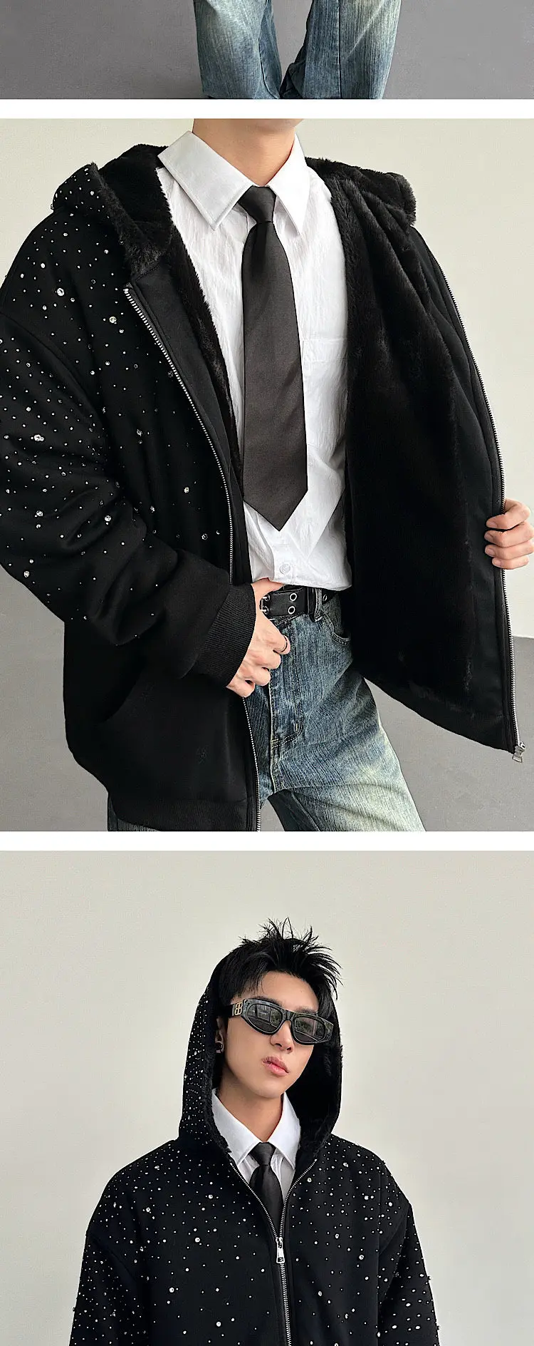 IEFB Niche Design Men's Sweaters Hooded Diamonds Patchwork Faux Fur Patchwork Zipper Solod Color Loose Male Hoodies Chic 9X1784