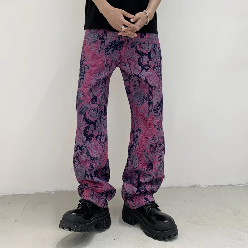 Y2K Men's Streetwear Latest Design Jacquard Men's Purple Jeans Men's Printed Flip Fringe Straight Fit Jeans Full Length Pants