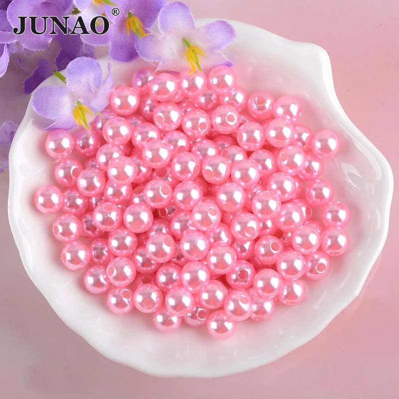JUNAO 도매 3mm-20mm 핑크 컬러 바느질 진주 구슬 구멍 플라스틱 모조 진주 라운드 루스 진주 보석 만들기위한