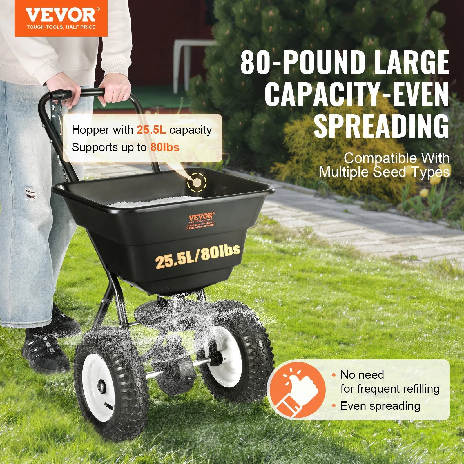 VEVOR Broadcast Spreader 100 LB 10inch Wheels Steel Spike Aerator For Residential Farm Tough Terrain Black