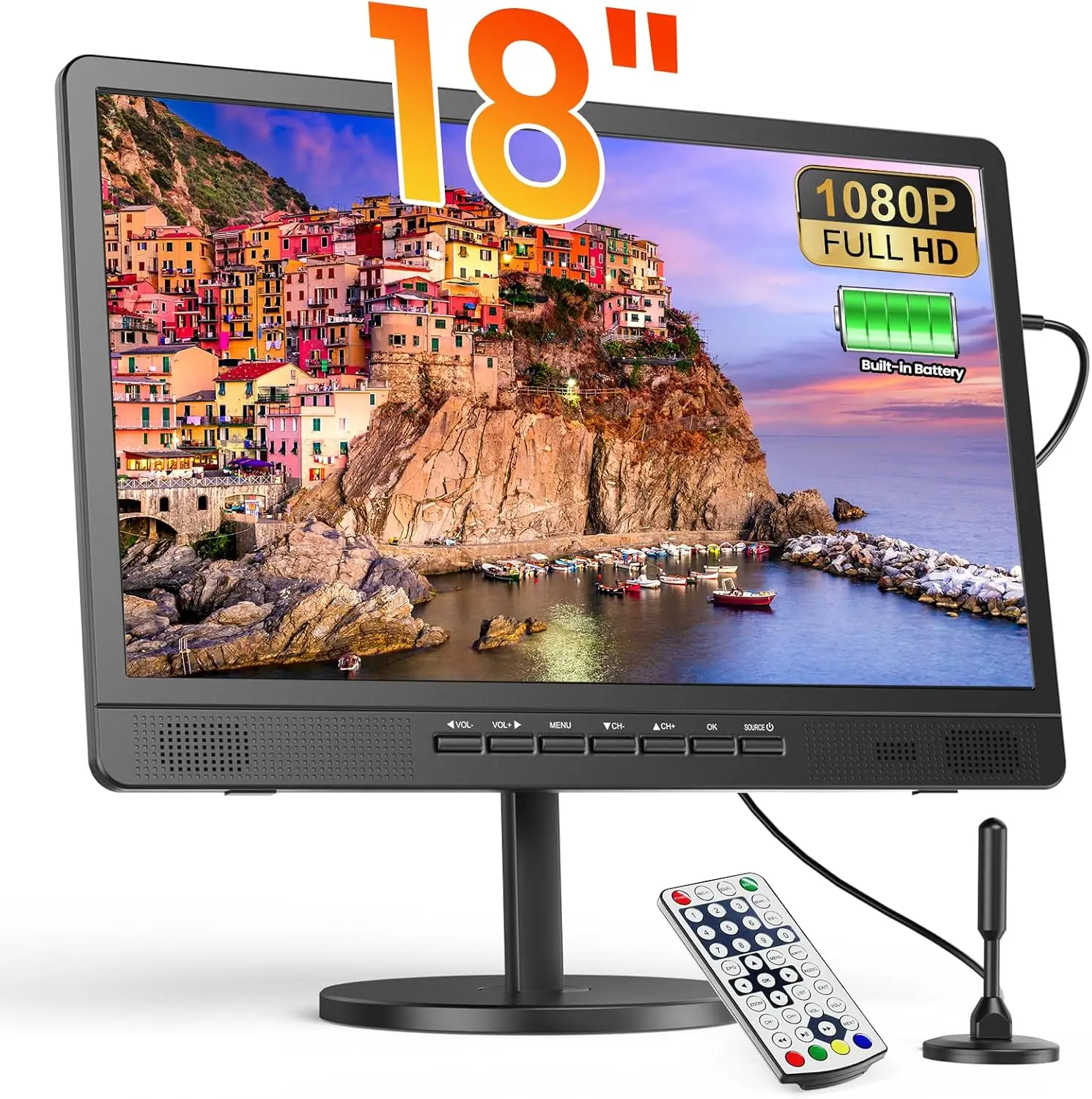 18 Inch Portable TV with Digital ATSC Tuner, Small TV with Built-in 6000mAh Battery, Portable Monitor 1080P HDMI Input
