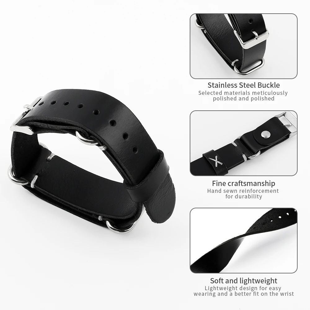 Premium Leather Watch Strap with Stainless Steel Buckle - Universal Replacement Strap