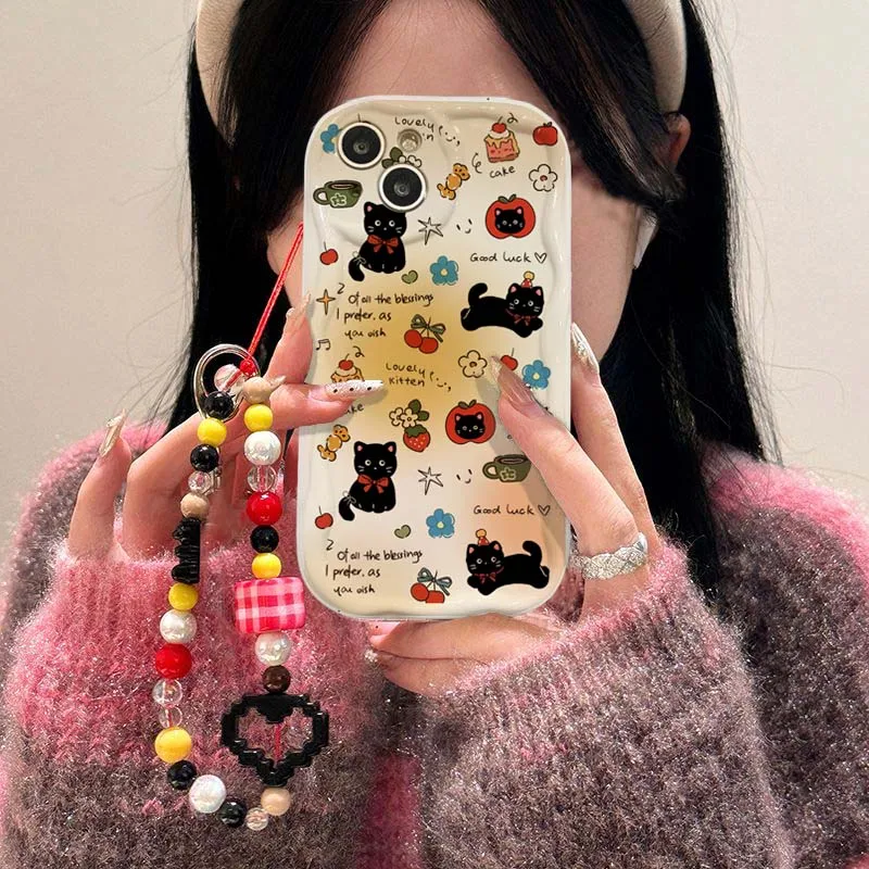Étui à chaîne pour téléphone portable avec chat noir mignon pour Samsung Galaxy S25 S26 Ultra S24 S23 Plus S22 S21 S20 FE, coque en silicone souple Y2K