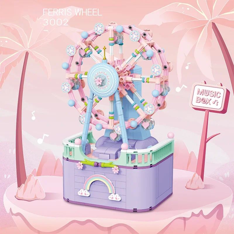 City Street Scenery Ferris Wheel Music Box Model Building Blocks DIY Self Assembly Carousel Brick Toy Friends Children Gifts