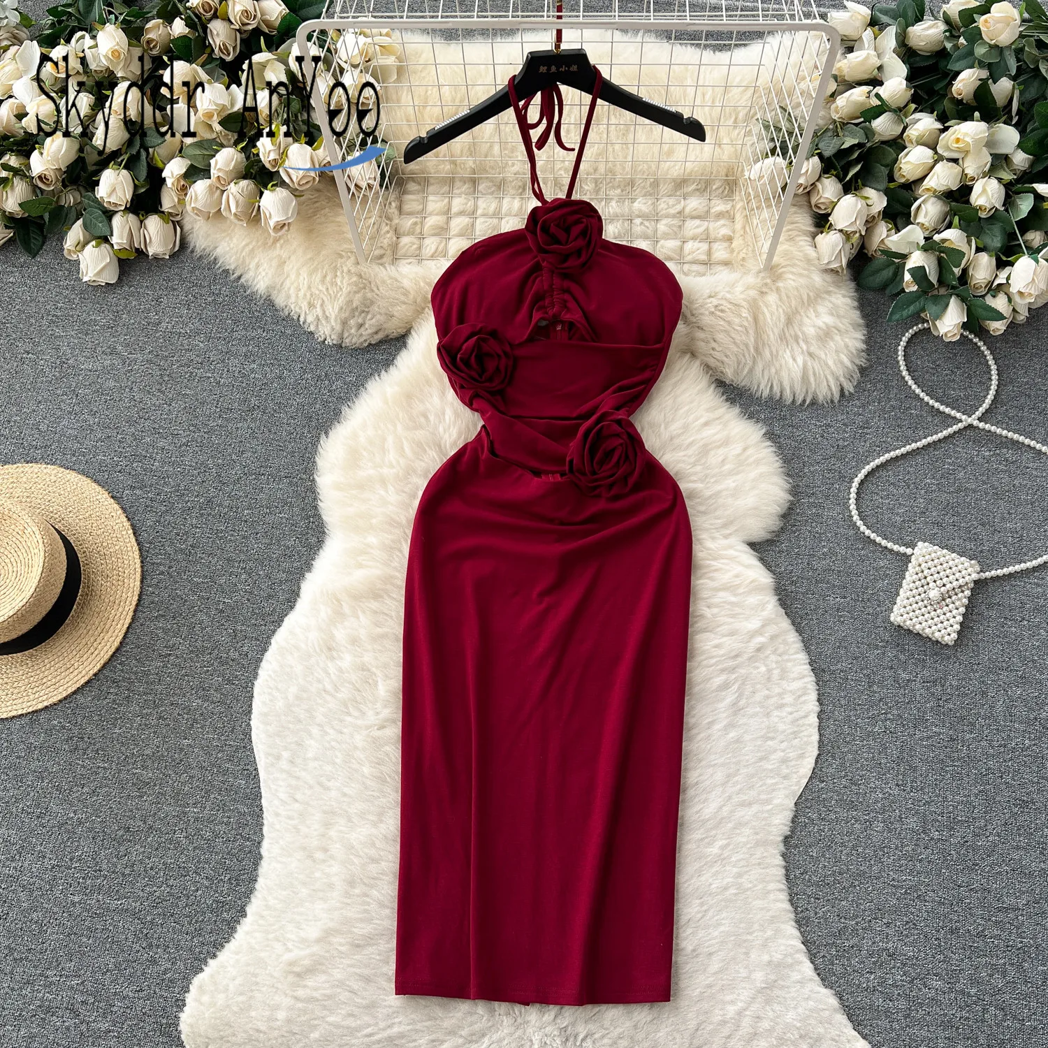 

Summer Women's Party Dress 2023 Vestidos Halter Sleeveless Strapless Sexy Female Dresses Hollow out 3D Flower Bodycon Chic Robe